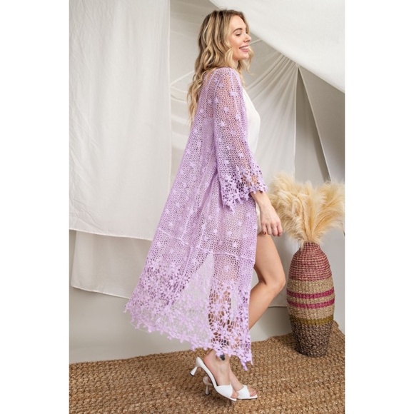 143 Story Lavender Floral Crochet Open Front 3/4 Sleeve Cardigan - Picture 4 of 6